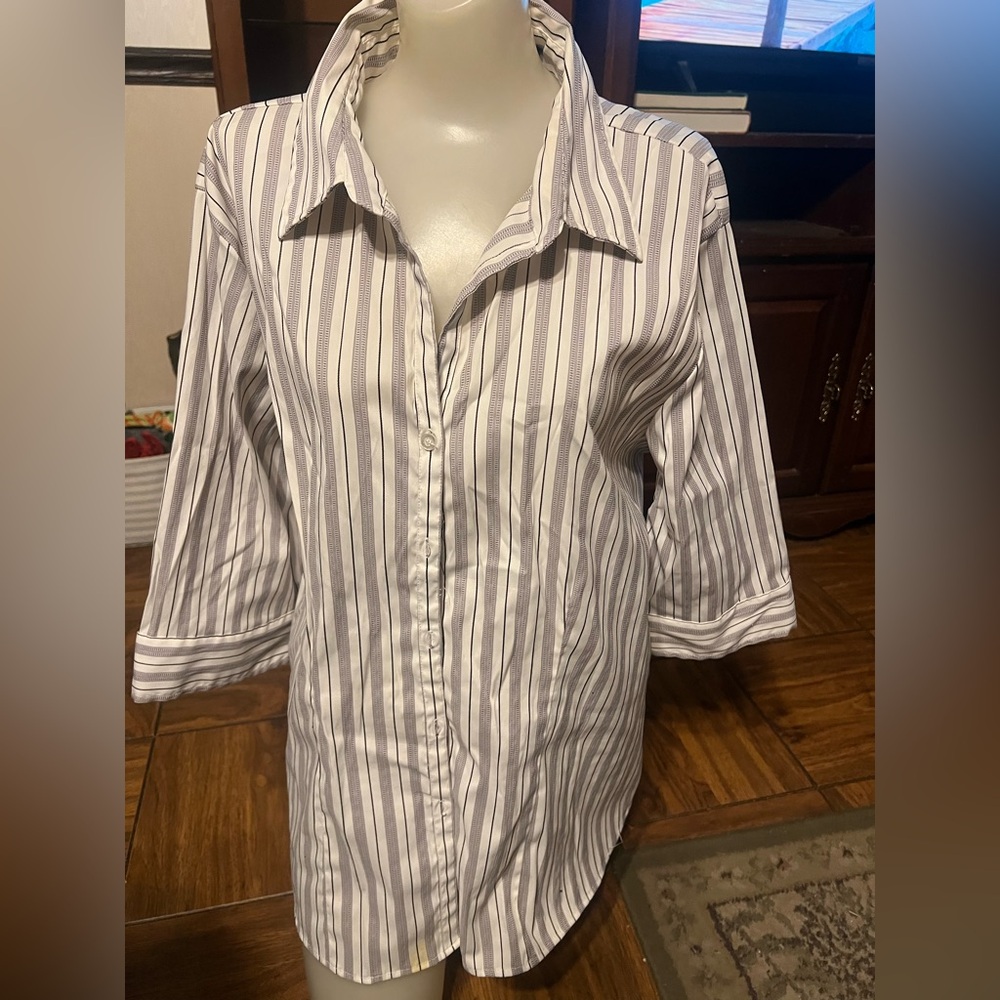 Classic Striped Blouse - White and Gray - Picture 1 of 3